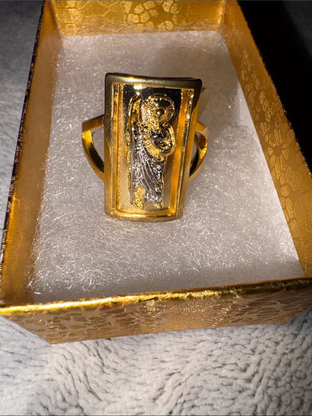 GOLD PLATED 2-TONE SAN JUDAS, SAINT JUDE SQUARE RING